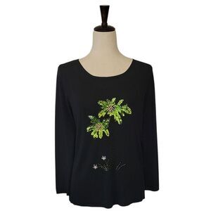 Lucia Burns Black Palm Tree Embellished 3/4 Sleeve Sweater Size L